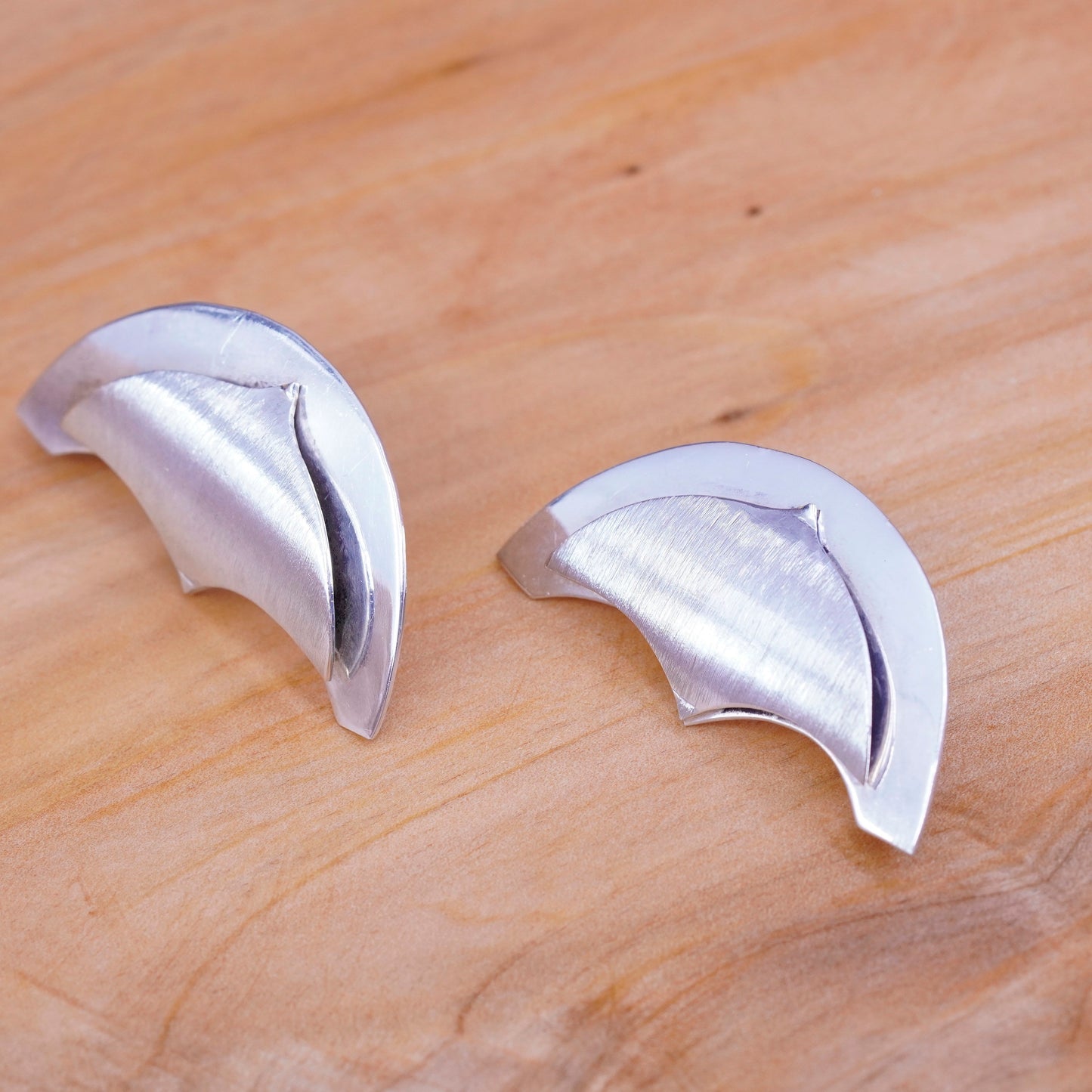 Vintage sterling silver handmade earrings, textured 925 moon shaped studs