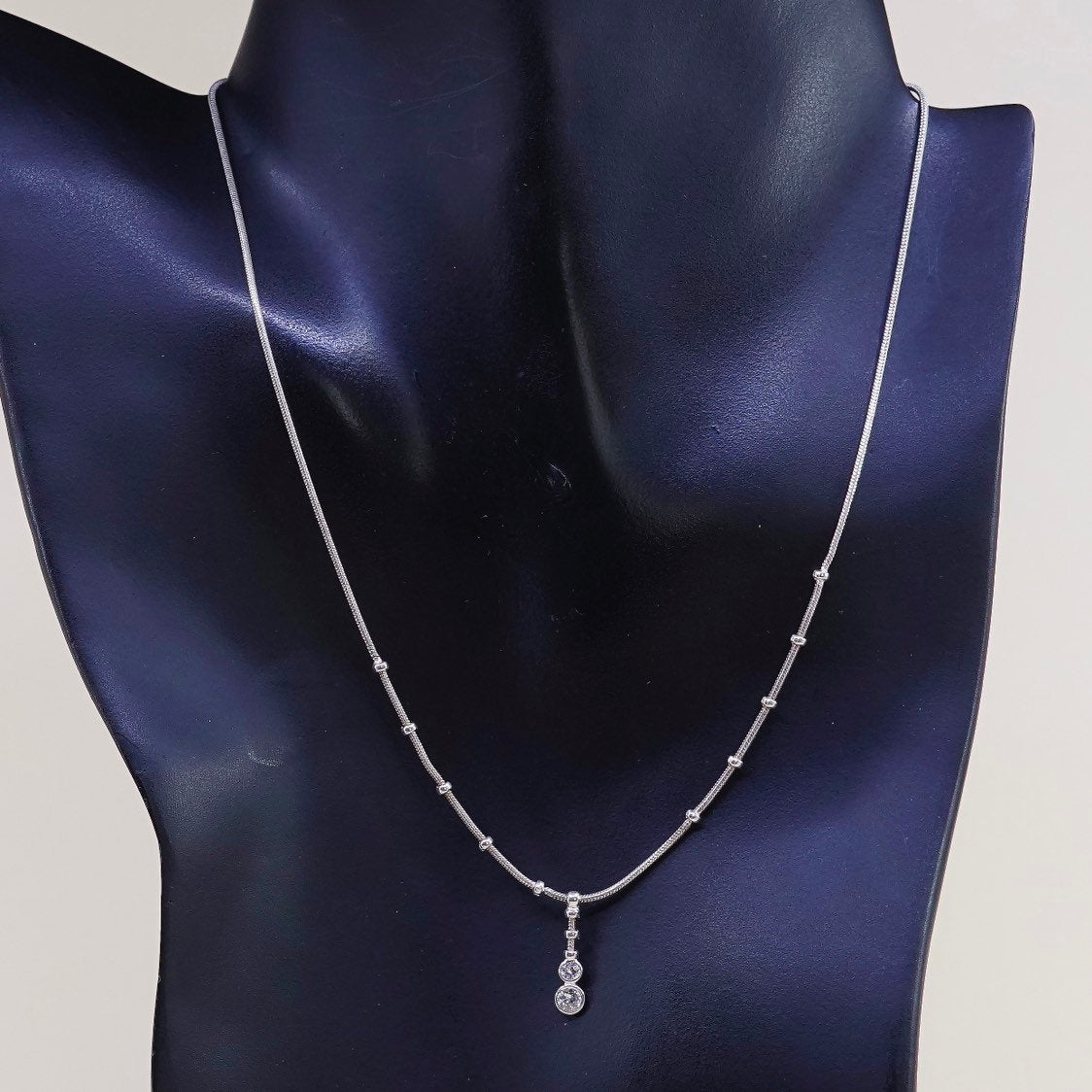 16", 1mm, vtg Sterling silver necklace, Italy 925 snake chain w/ Cz pendant