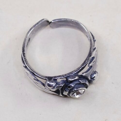 Size 2.25, Vintage Sterling 925 Silver Open Ring W/ Cz And Leaf Details