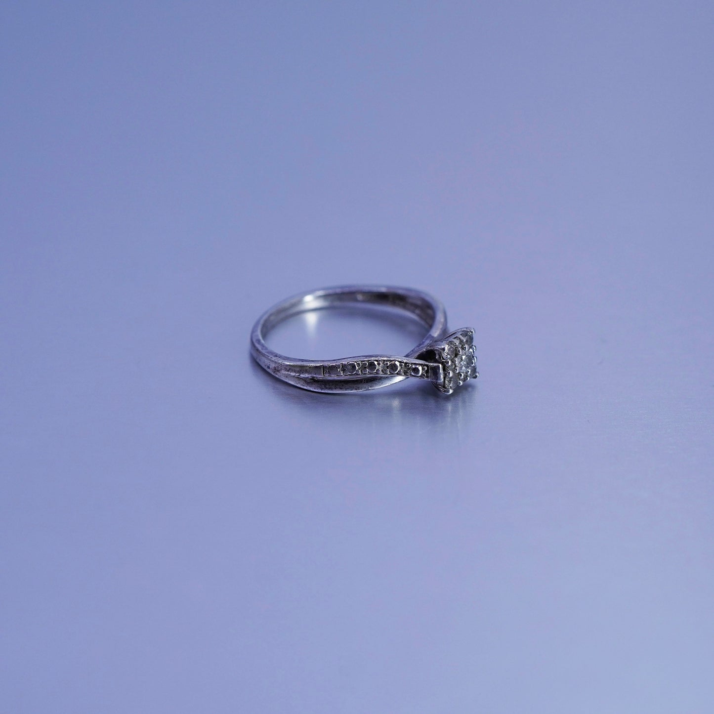 Size 7.25, vintage Sterling 925 silver ring with genuine cluster diamond