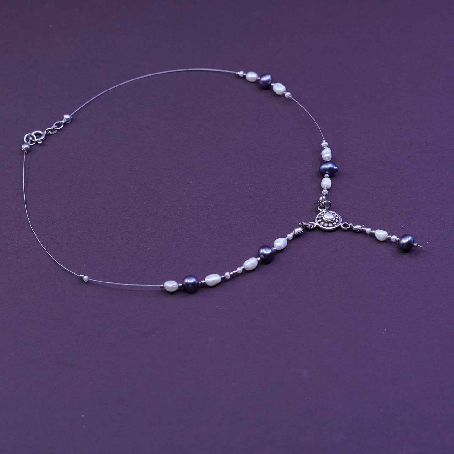 16”, vtg Sterling 925 silver handmade necklace w/ freshwater black white pearl