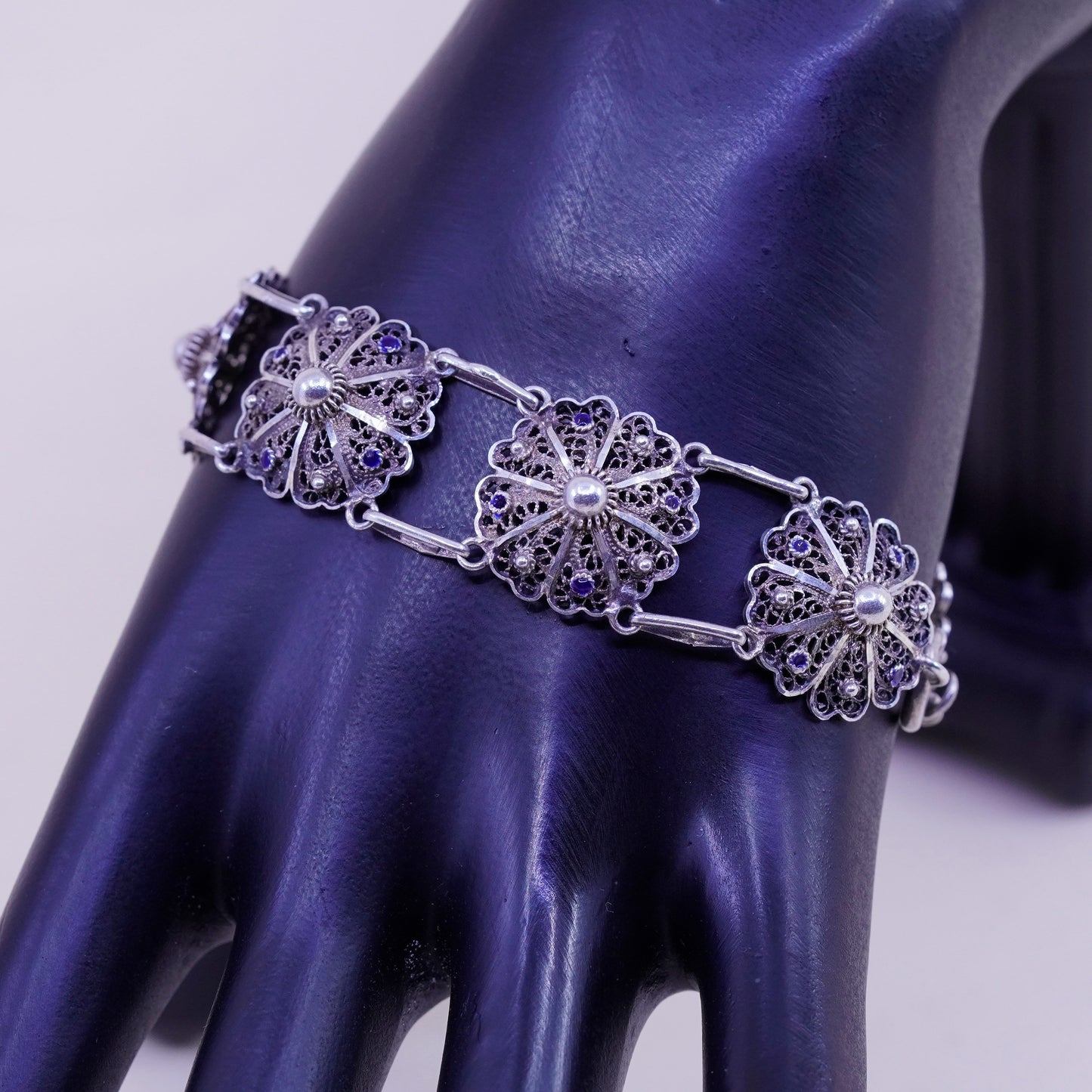 7.25”, vintage sterling silver handmade bracelet, filigree floral link chain