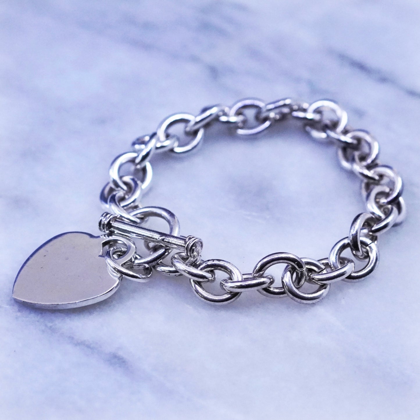 6.25”, Sterling silver handmade bracelet, 925 bold circle chain heart tag charm