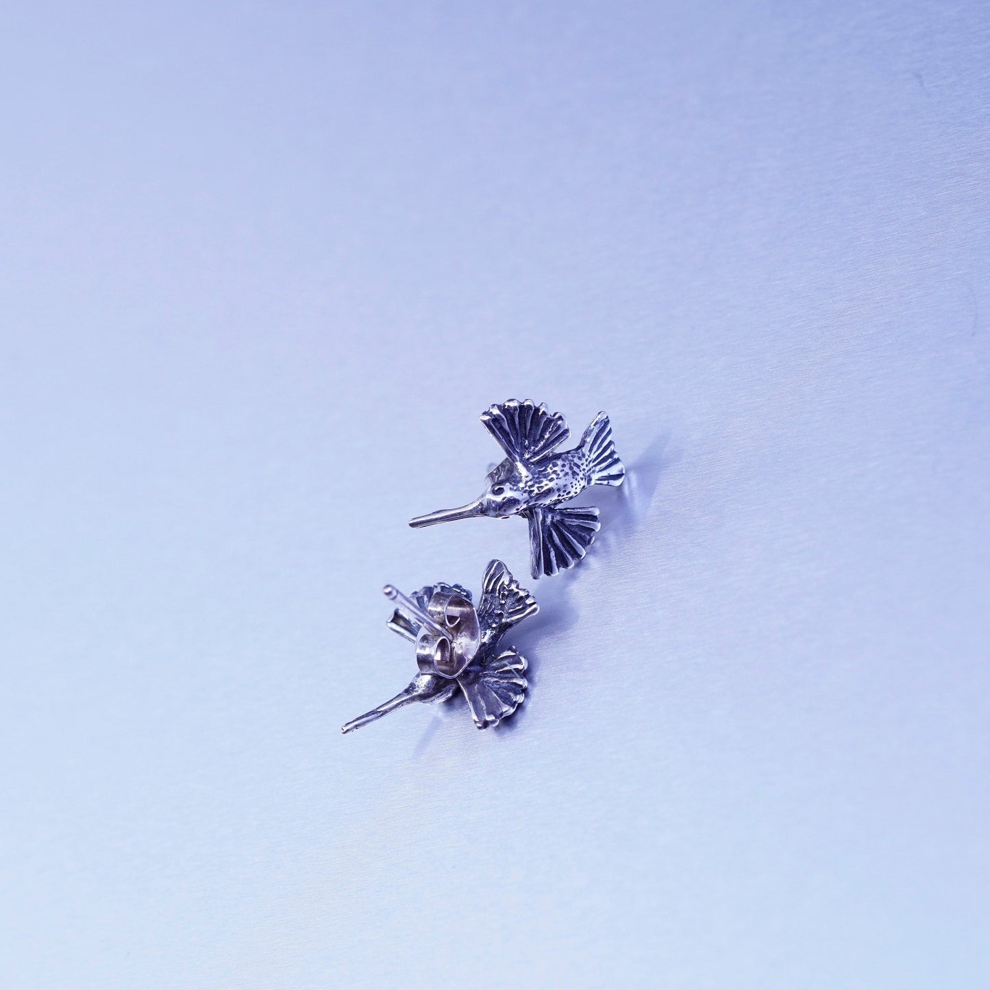 Vintage Sterling silver handmade earrings, 925 hummingbird bird studs