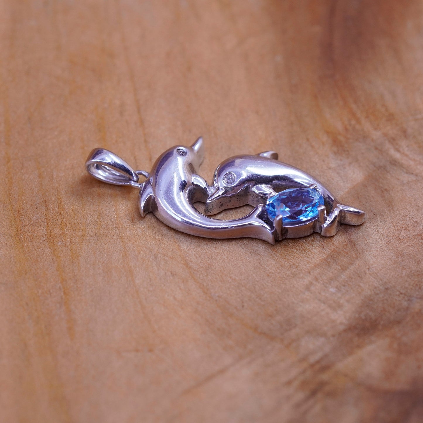 Vintage 925 Sterling silver handmade dolphins pendant with topaz