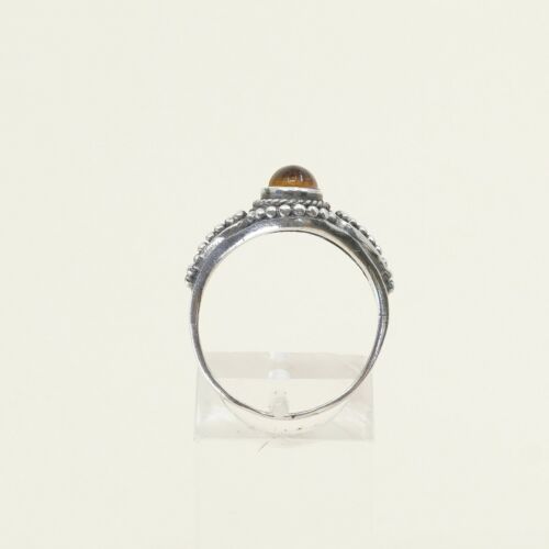 Sz 8, Orange Amber Cabochon Sterling Silver Solitaire Ring W/ Beads, Stamped 925