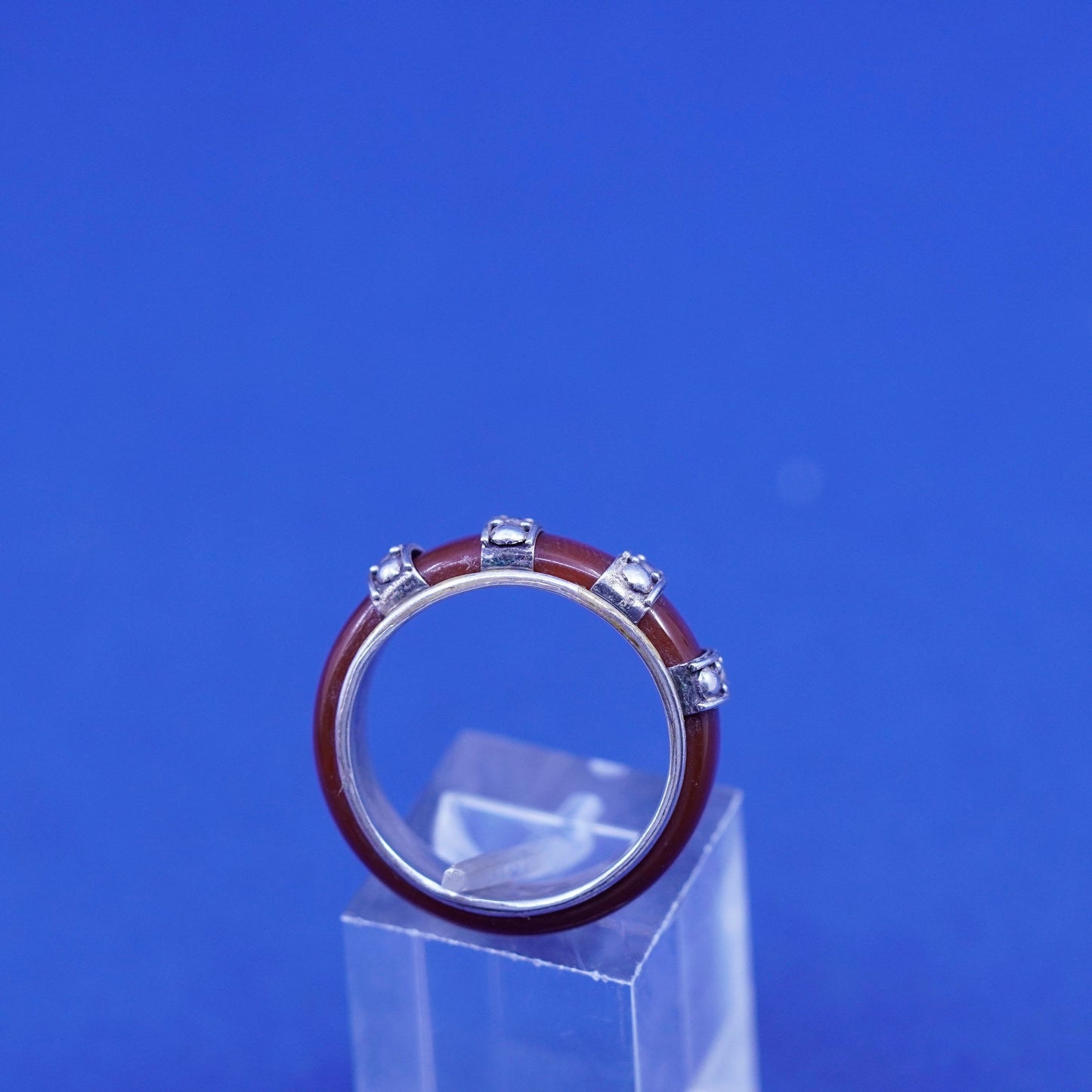 Size 7.5, Sterling Silver 925 Red Carnelian handmade Ring band with beads