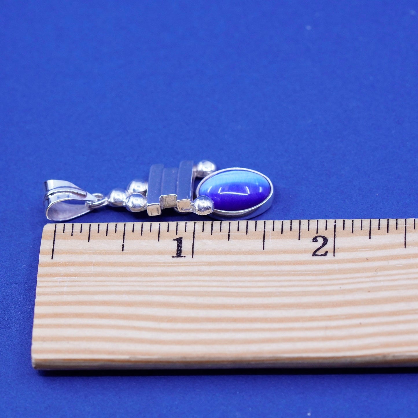 Vintage Sterling silver handmade pendant, 925 charm w/ blue cats eye and beads