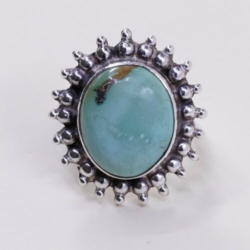 Sz 7, Vtg Sterling Silver Handmade Ring W/ Oval Turquoise N Beads, Stamped 925
