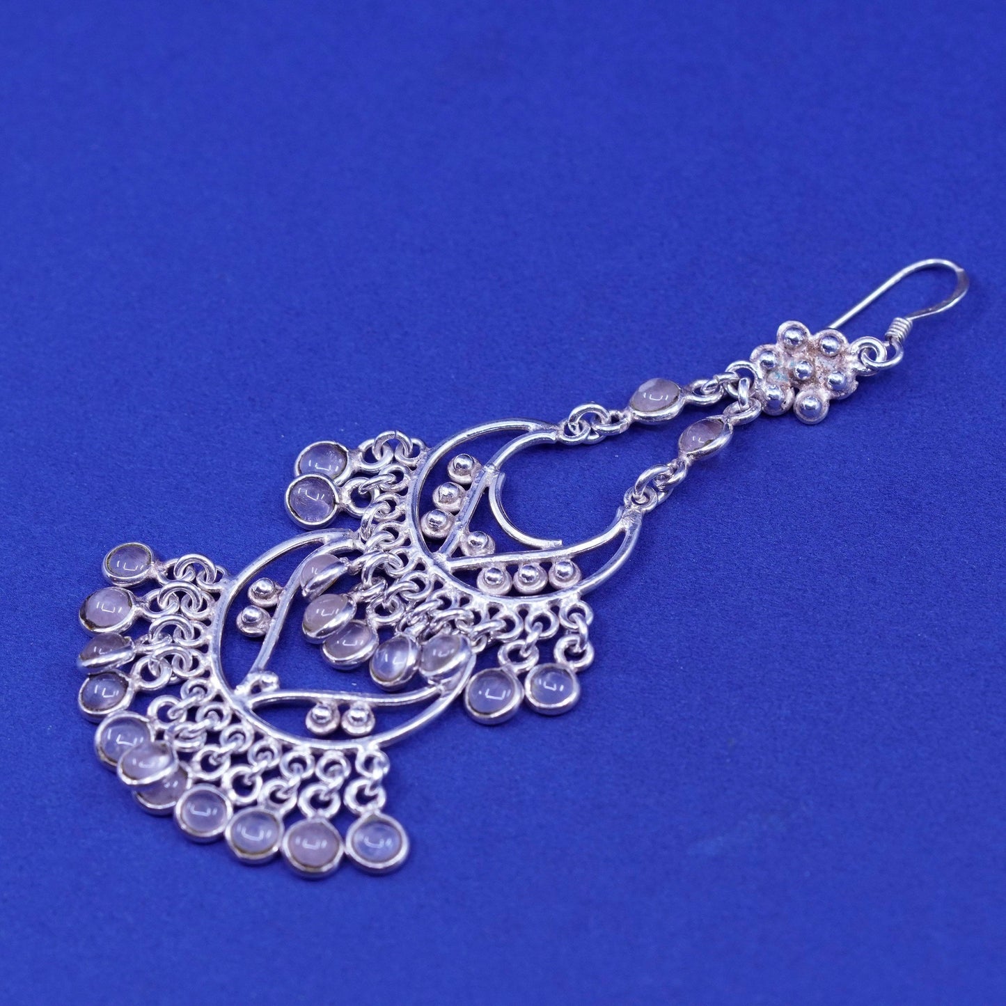 Sterling 925 silver handmade long filigree bead earrings pink quartz cluster