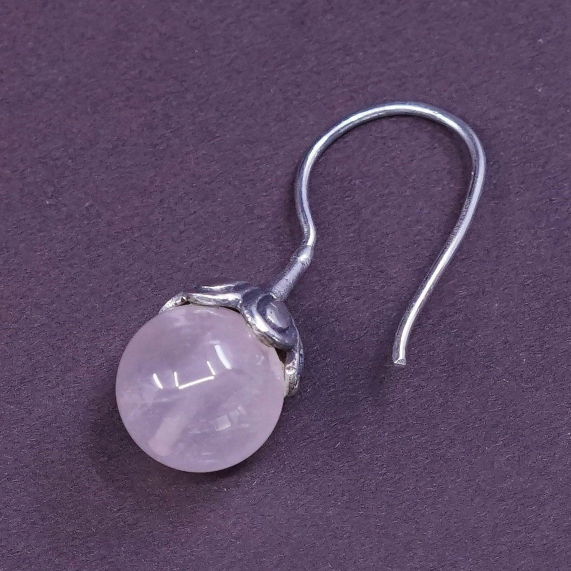 Sterling silver handmade earrings, Mexico 925 flower bud hooks w/ pink quartz