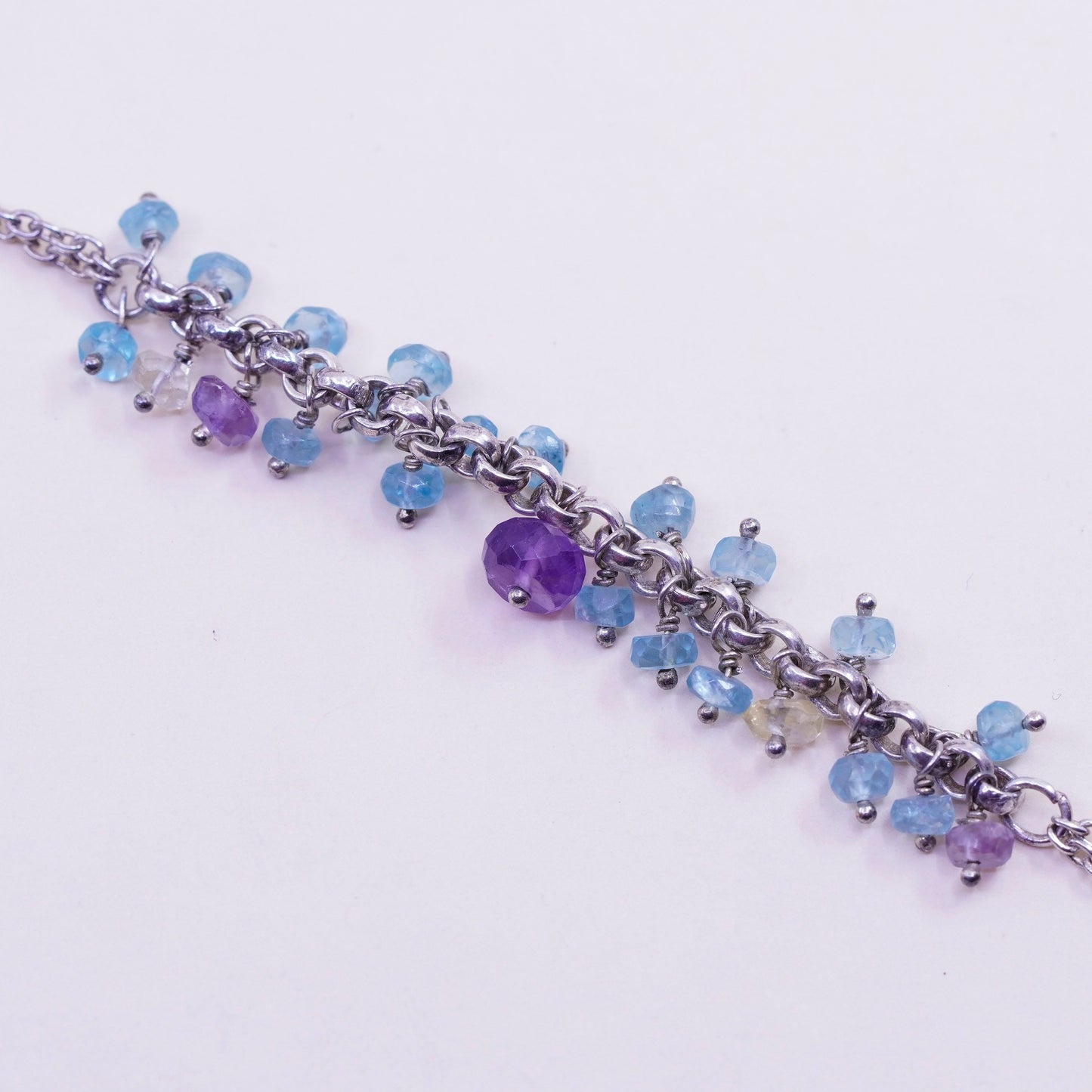 8” Vintage Sterling silver handmade bracelet, natural amethyst and topaz beads