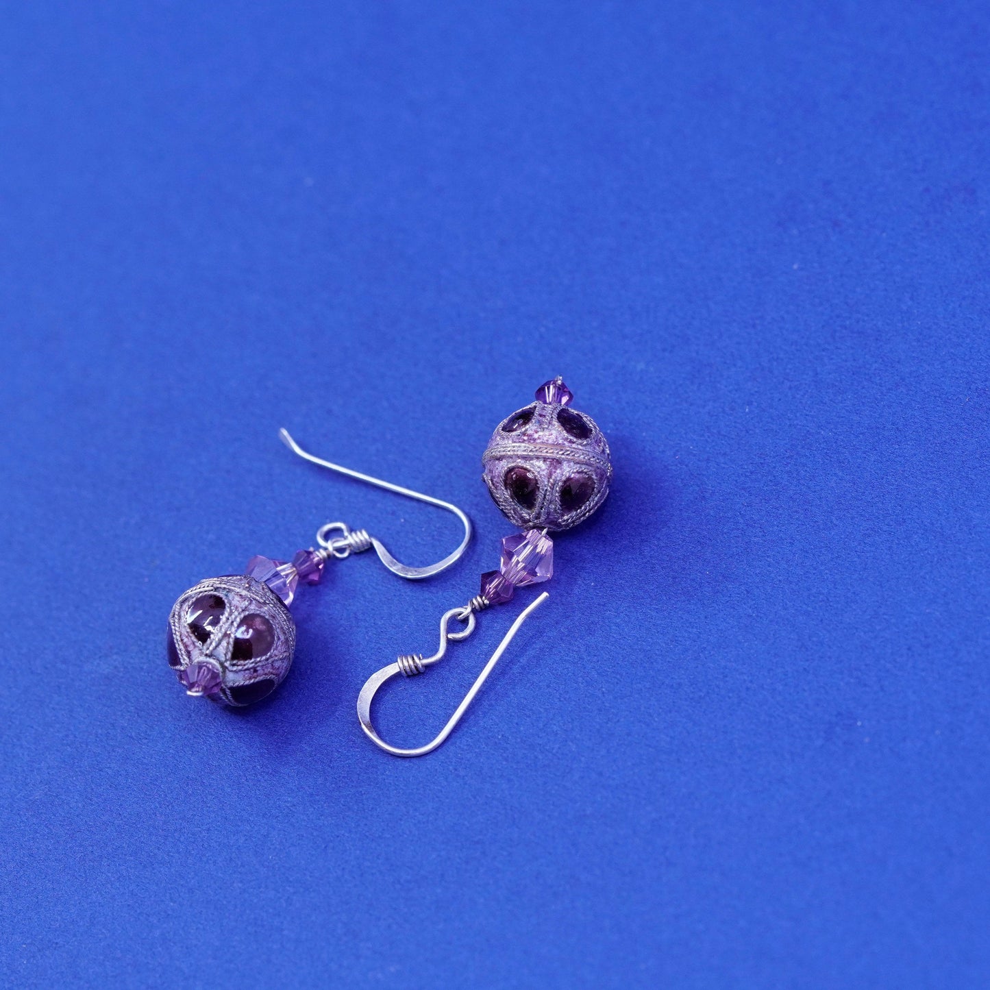 Vintage sterling silver handmade earrings, 925 filigree Bali enamel drop