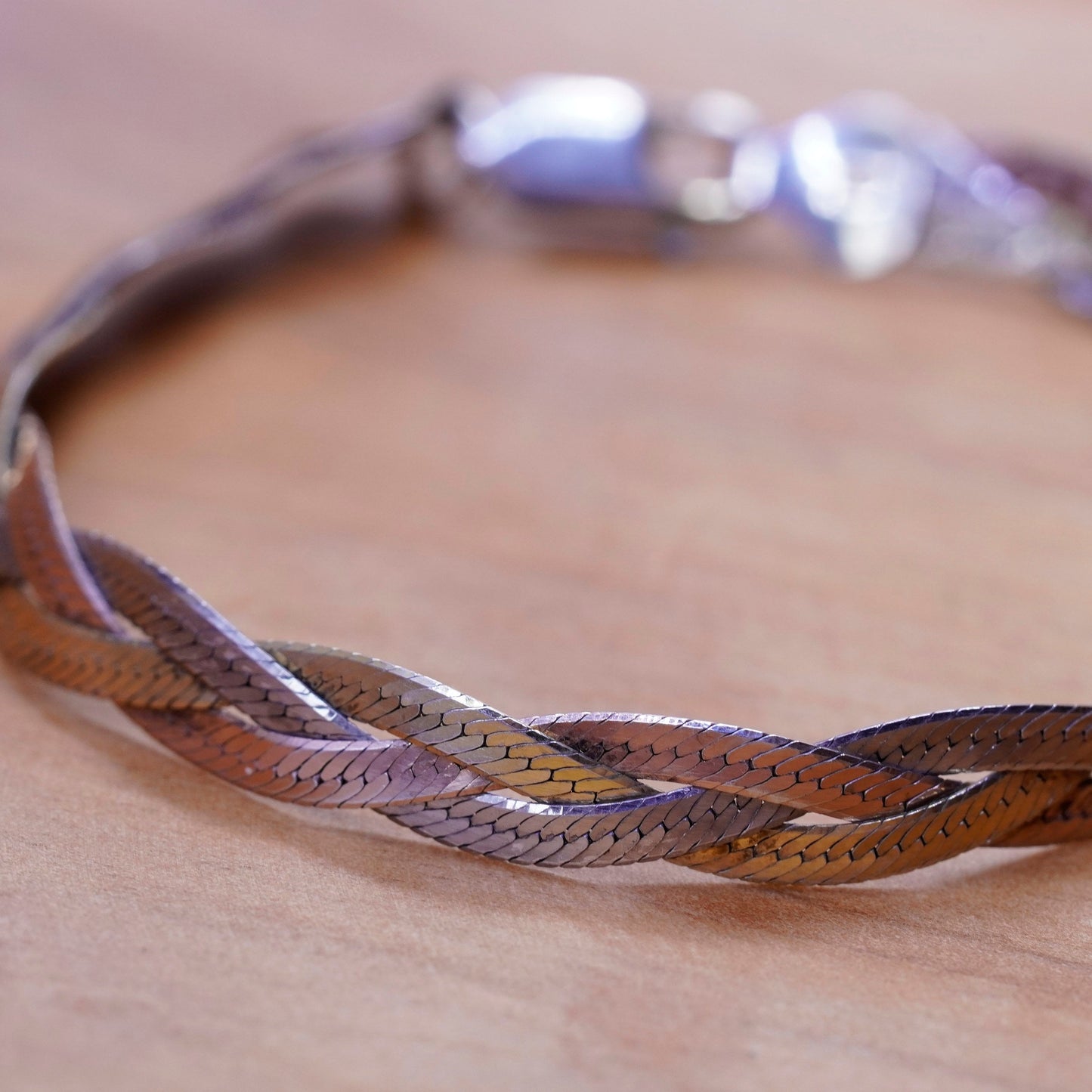 7”, gold Sterling silver braided woven herringbone bracelet Italy 925 Chain