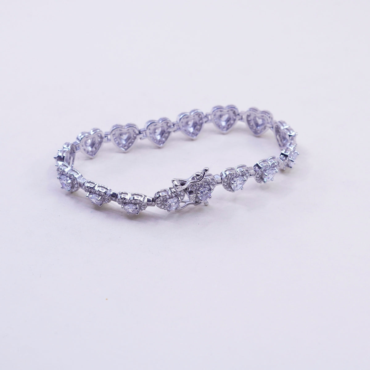 7.25”, Vintage sterling silver bracelet, 925 tennis heart bracelet