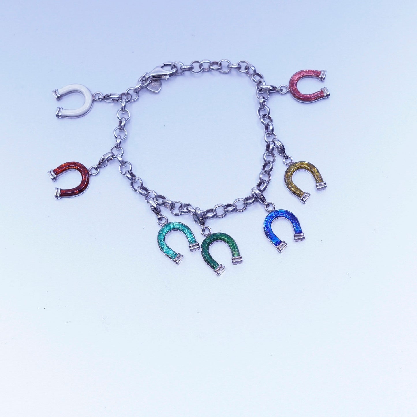 7.25”, Hidalgo jewelry Sterling 925 silver bracelet, chain horseshoe charms