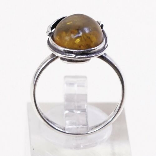 Sz 7, Vtg Orange Amber Sterling 925 Silver Handmade Ring, Stamped 925