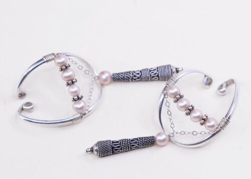 Clip On handmade Sterling 925 Silver earrings W/ Pink Pearl N Teardrop Dnagles