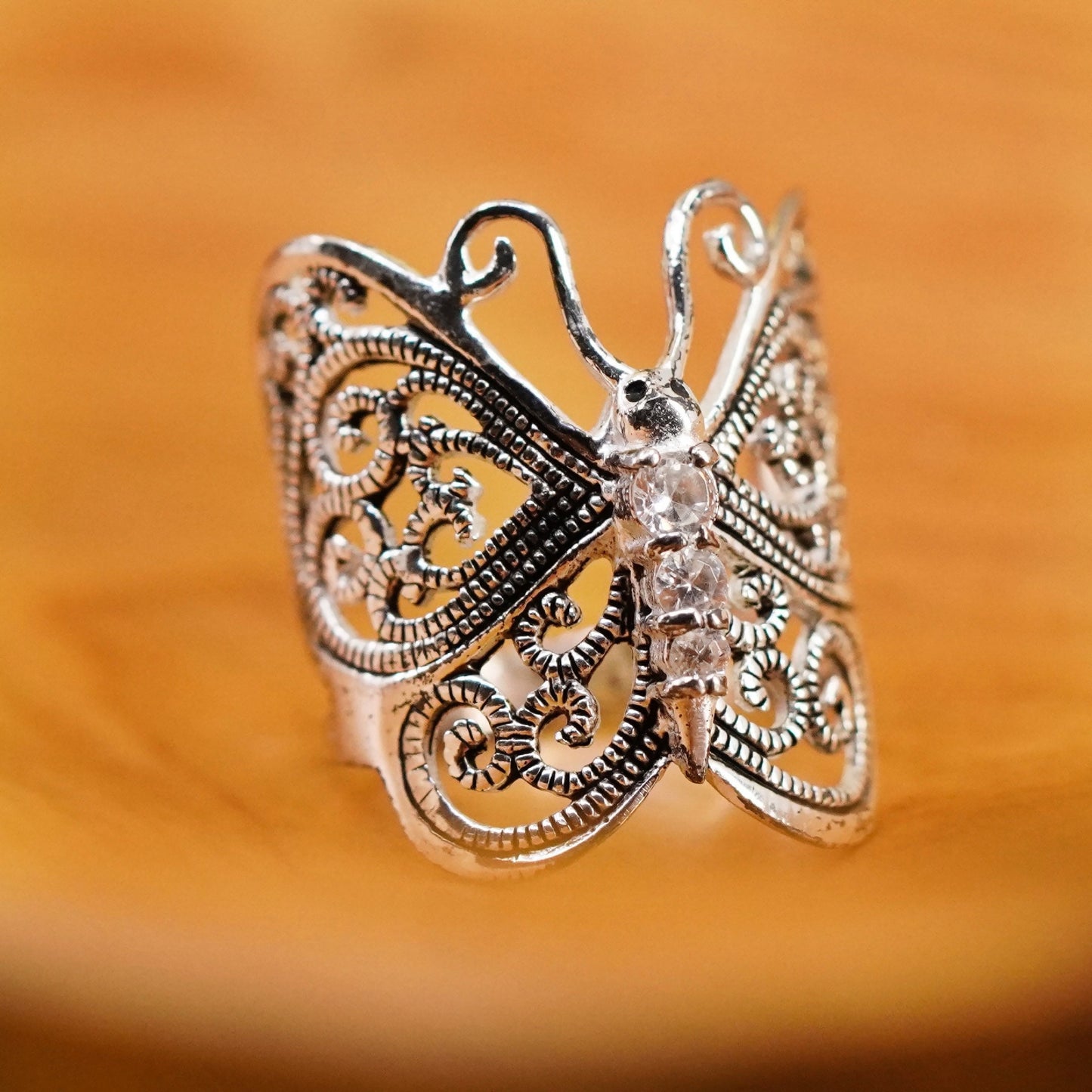 Size 7, Vintage Sterling silver handmade ring, 925 filigree butterfly band cz