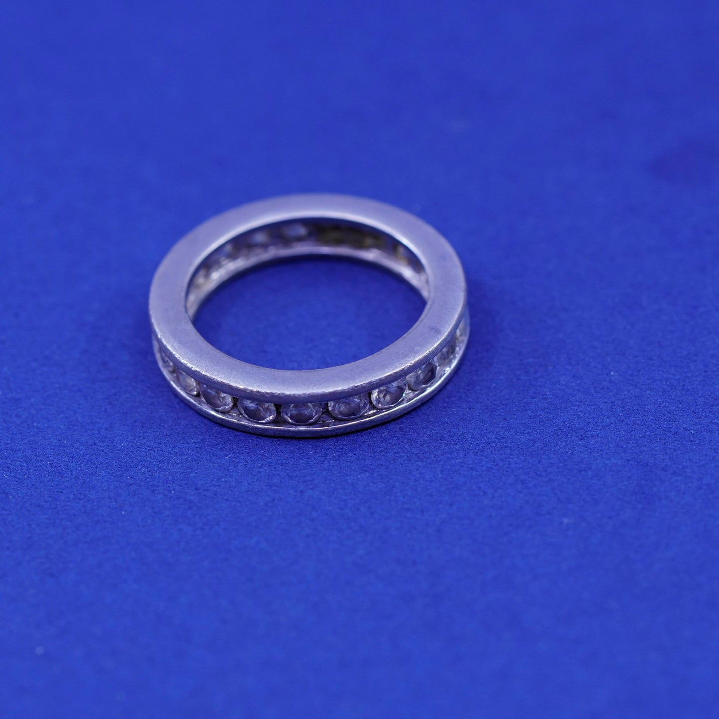 Size 8, vintage Sterling silver engagement ring, 925 band with clear cz around