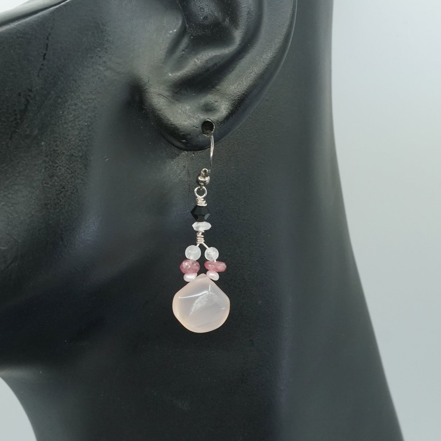 vtg sterling silver handmade earrings, 925 hooks w/ pink quartz drops