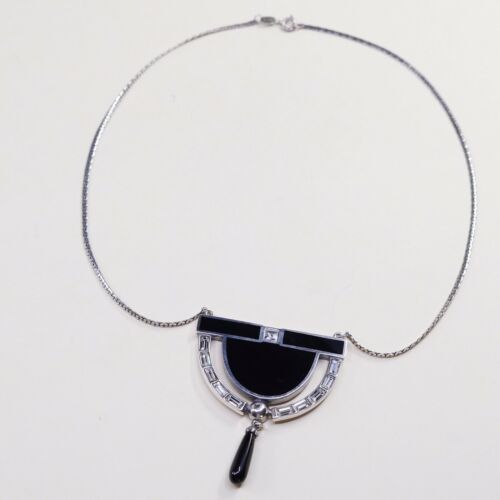 18”, Vtg 1970s UNID Modern Sterling 925 Silver Necklace W/ Obsidian Pendant
