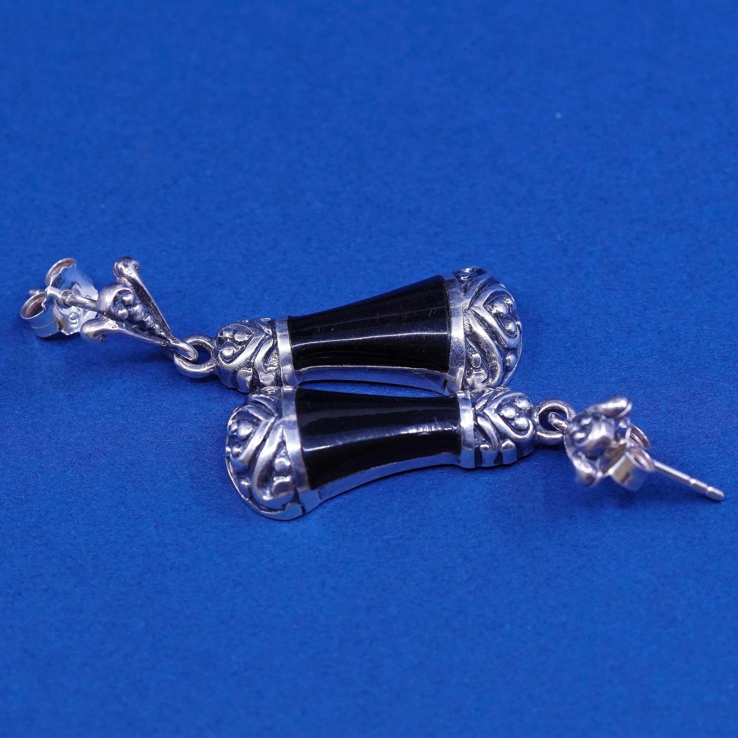 vtg )sterling silver handmade earrings, 925 w/ teardrop obsidian N Filigree
