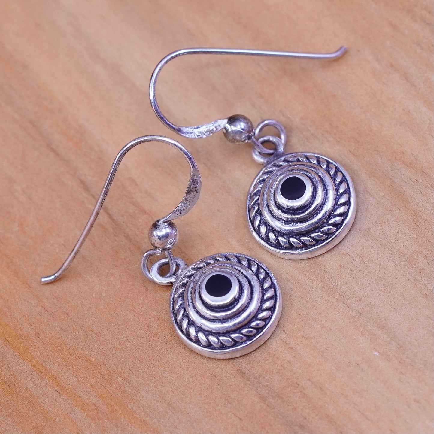 Vintage Sterling silver handmade earrings, Mexico 925 circle with obsidian