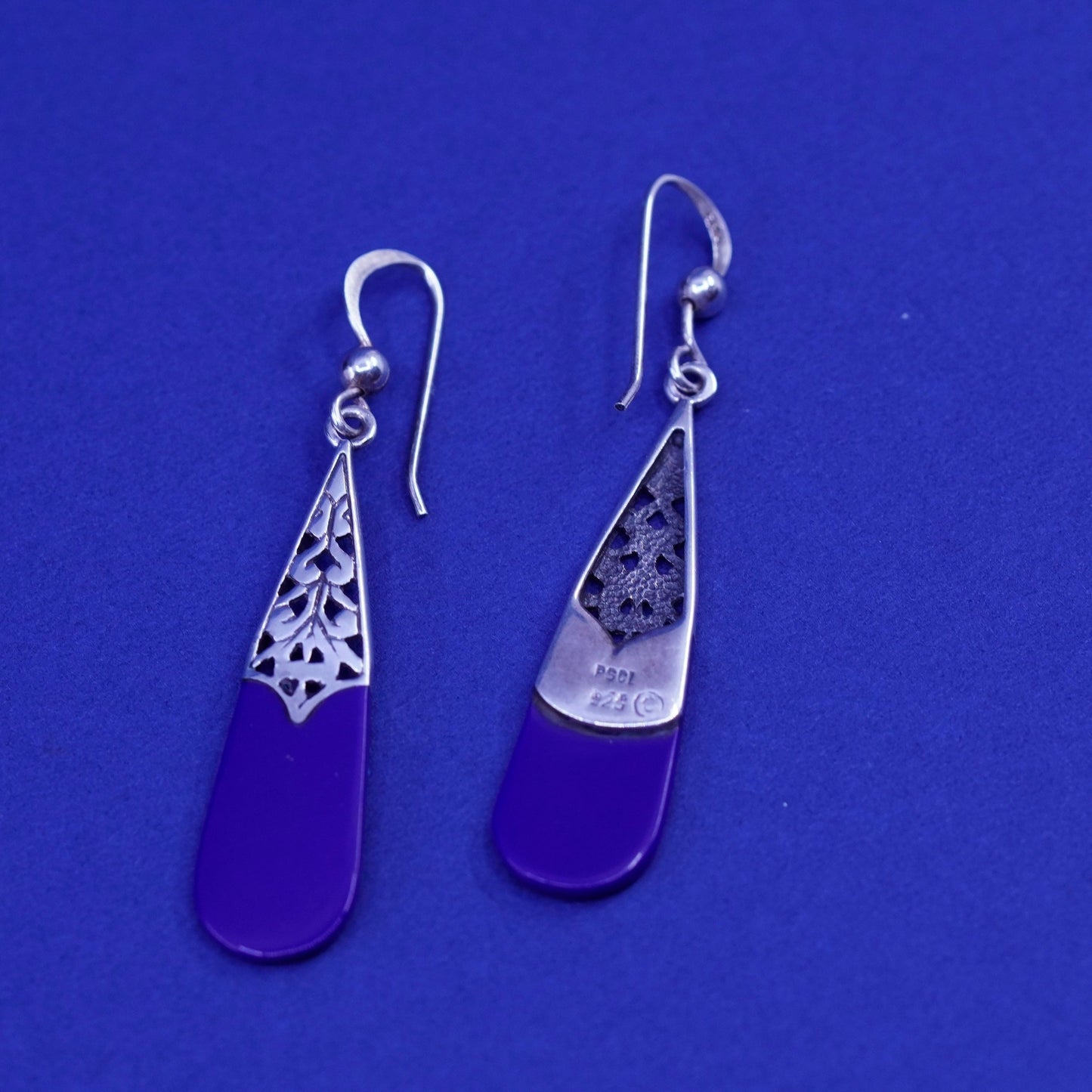 Vintage Sterling 925 silver handmade earrings with teardrop blue onyx and Bali