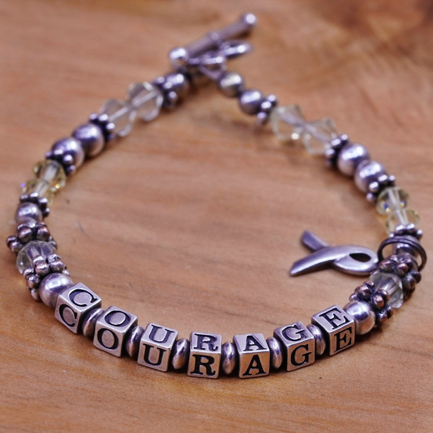 7”, Sterling 925 silver bracelet amethyst beads “courage cubes and ribbon charm