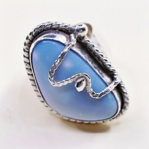 Sz 8.25, Vtg Sterling Silver Handmade Ring, 925 Silver Ring W/ Larimar N Cable
