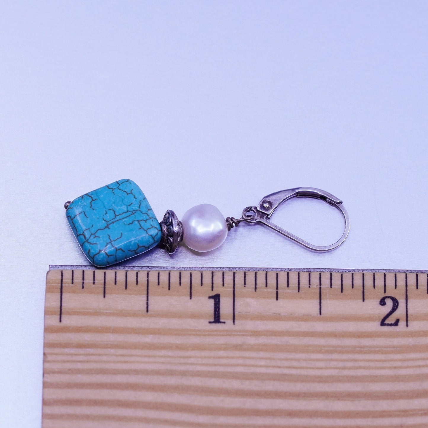 Vintage Sterling 925 silver handmade earrings with square turquoise and pearl