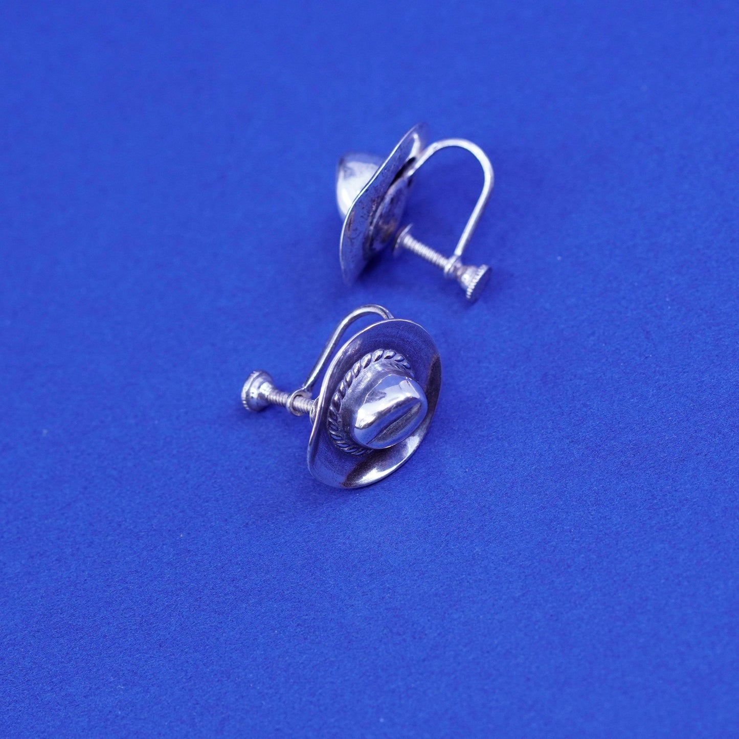 Vintage Sterling silver handmade earrings, 925 screw back cowboy hat