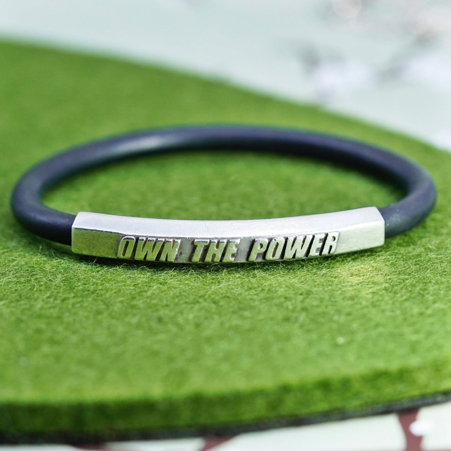 6.25”, black rubber bracelet with sterling 925 silver bar “own the power