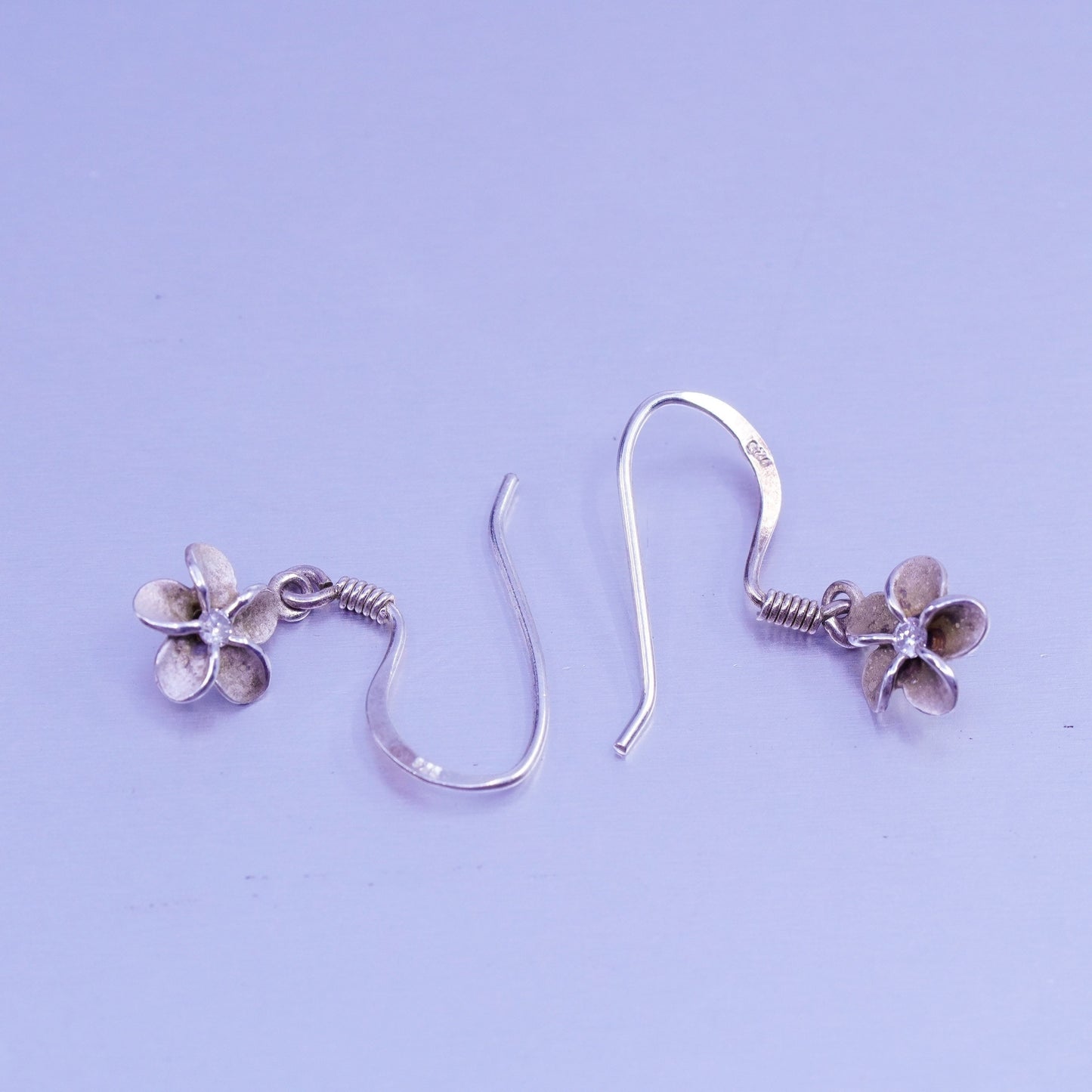 Vintage Sterling 925 silver handmade plumeria flower earrings with cz
