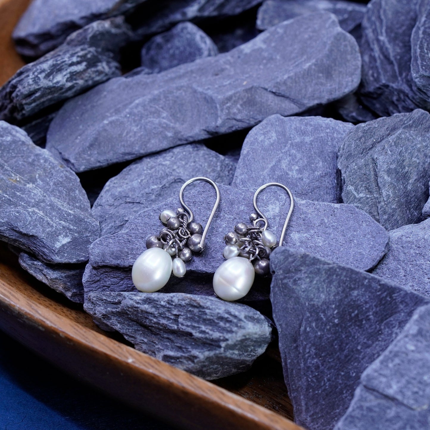 Rare 925 Sterling 925 Silver handmade pearl bead dangly cluster earrings W1352
