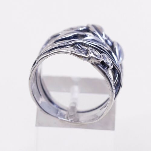 Sz 7, Vtg Israel Sterling Silver Handmade Ring, 925 Leaves Band W Cz