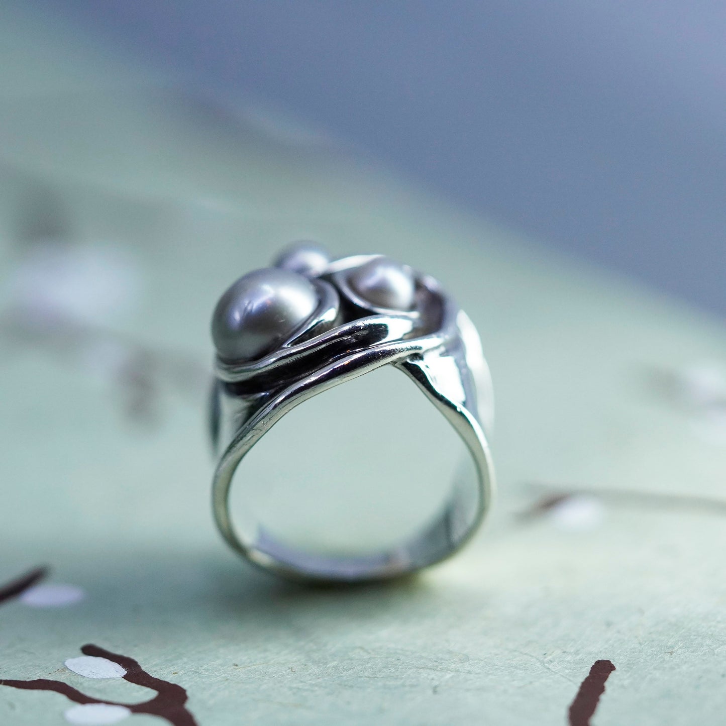 Size 7.25, vintage Israel Sterling silver handmade ring, 925 band with pearls