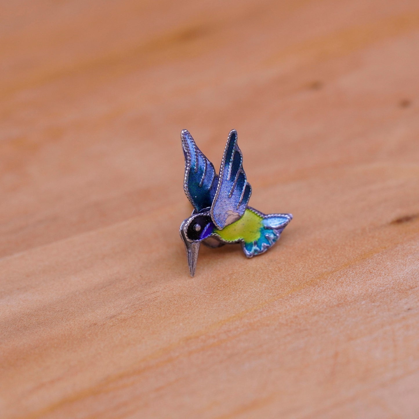 Vintage Sterling silver handmade earrings, 925 enamel hummingbird studs