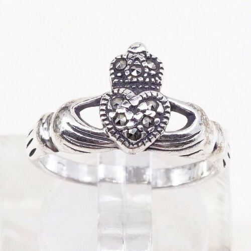 Sz 4, Vtg Solvar Sterling Silver Handmade Ring, 925 claddagh Heart W/ Marcasite