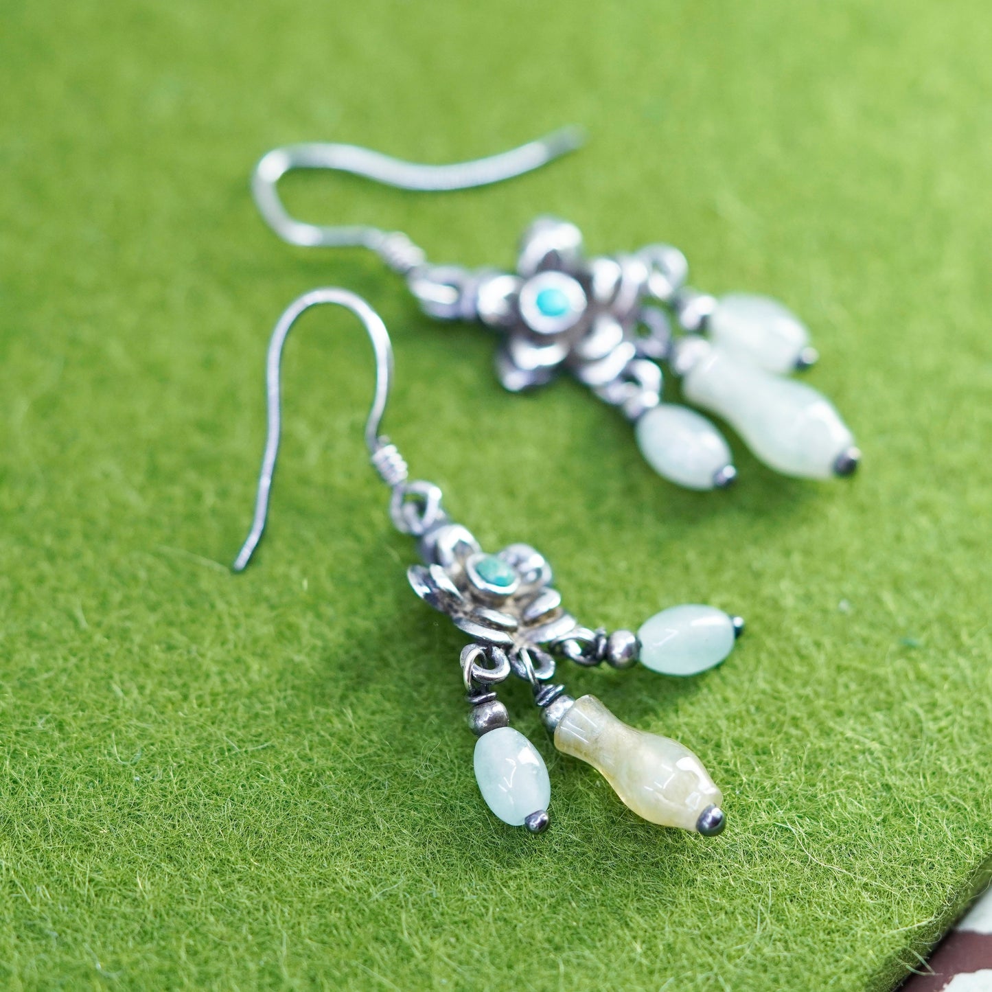 Native American Sterling 925 Silver Handmade flower earrings w/ turquoise jade