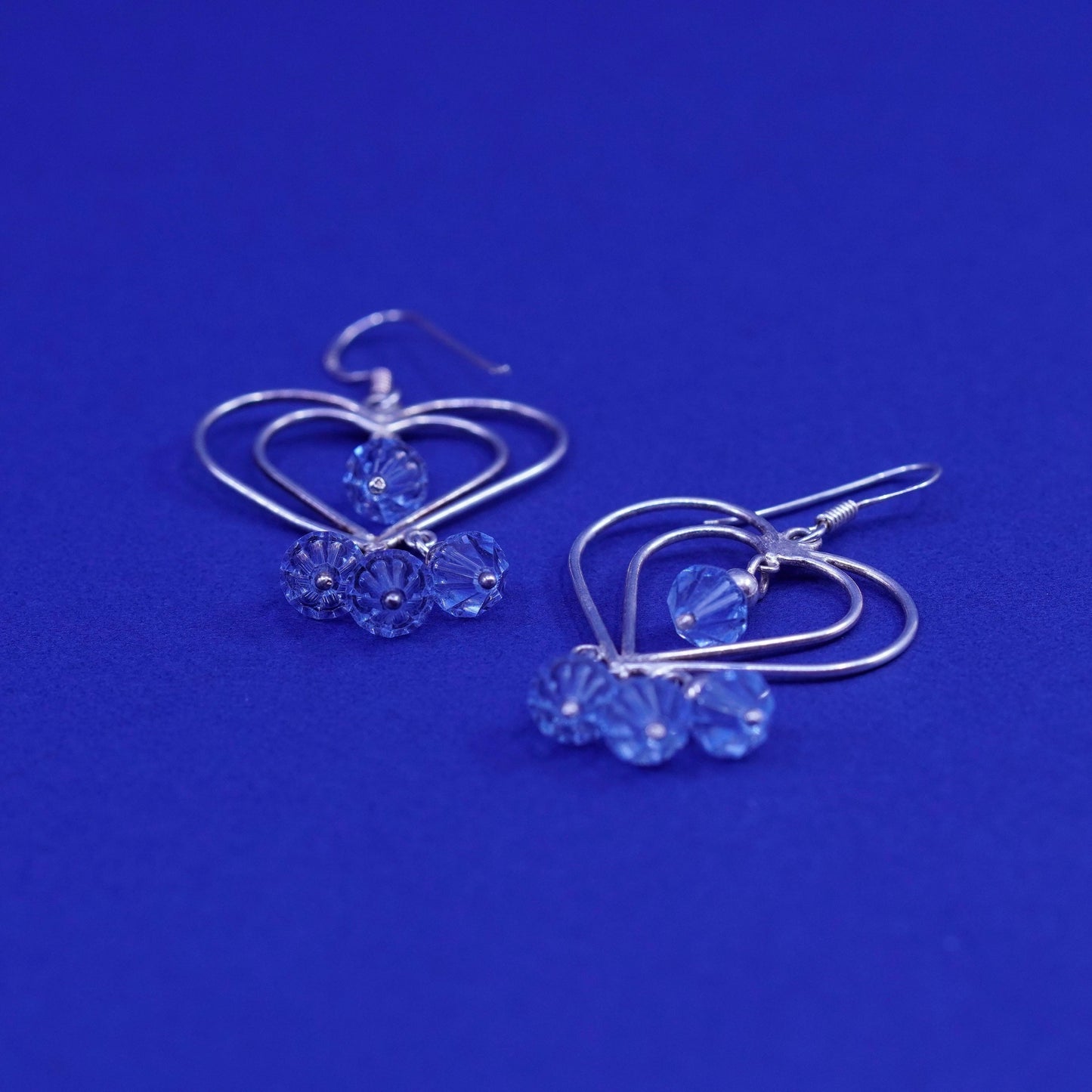 Vintage Sterling 925 silver handmade earrings, double heart Dangle and blue Cz