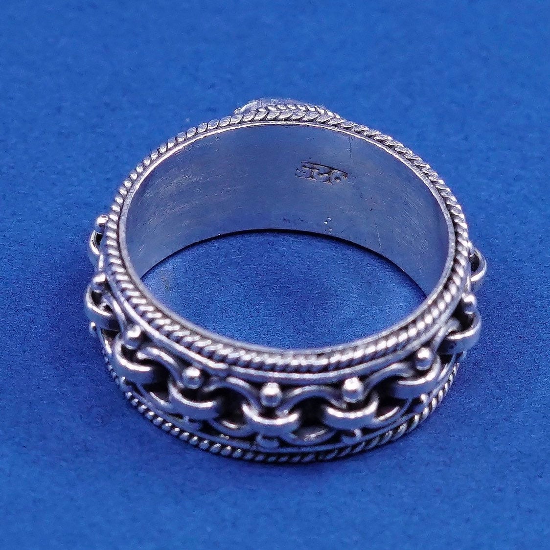 Size 8.5, Sterling silver handmade ring, 925 band w/ chain texture N blue stone