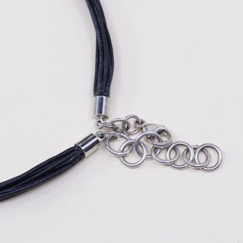 14”+2”, Vtg Mexico Handmade Sterling 925 Silver Pendant W/ Black Leather Chain