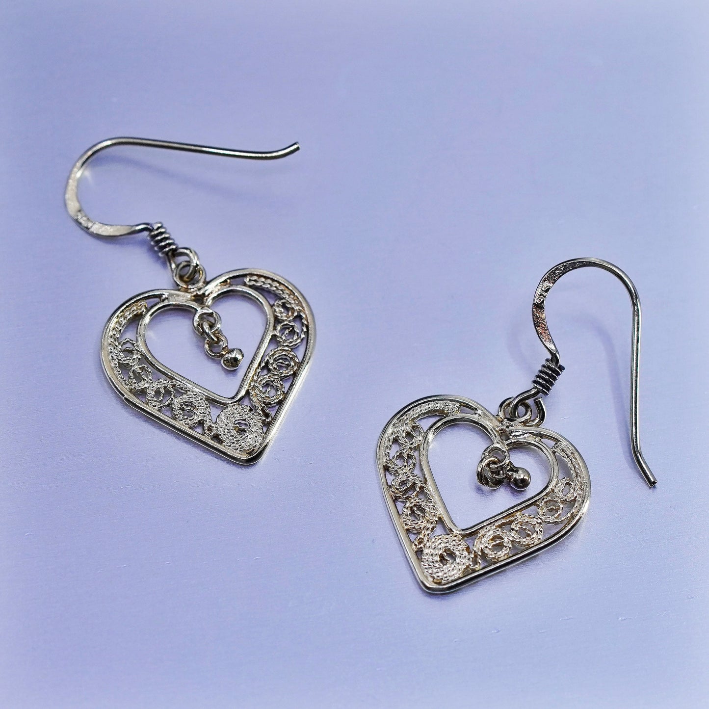 Vintage vermeil gold over Sterling 925 silver handmade filigree heart earrings