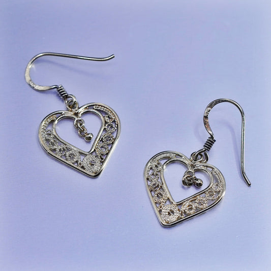 Vintage vermeil gold over Sterling 925 silver handmade filigree heart earrings