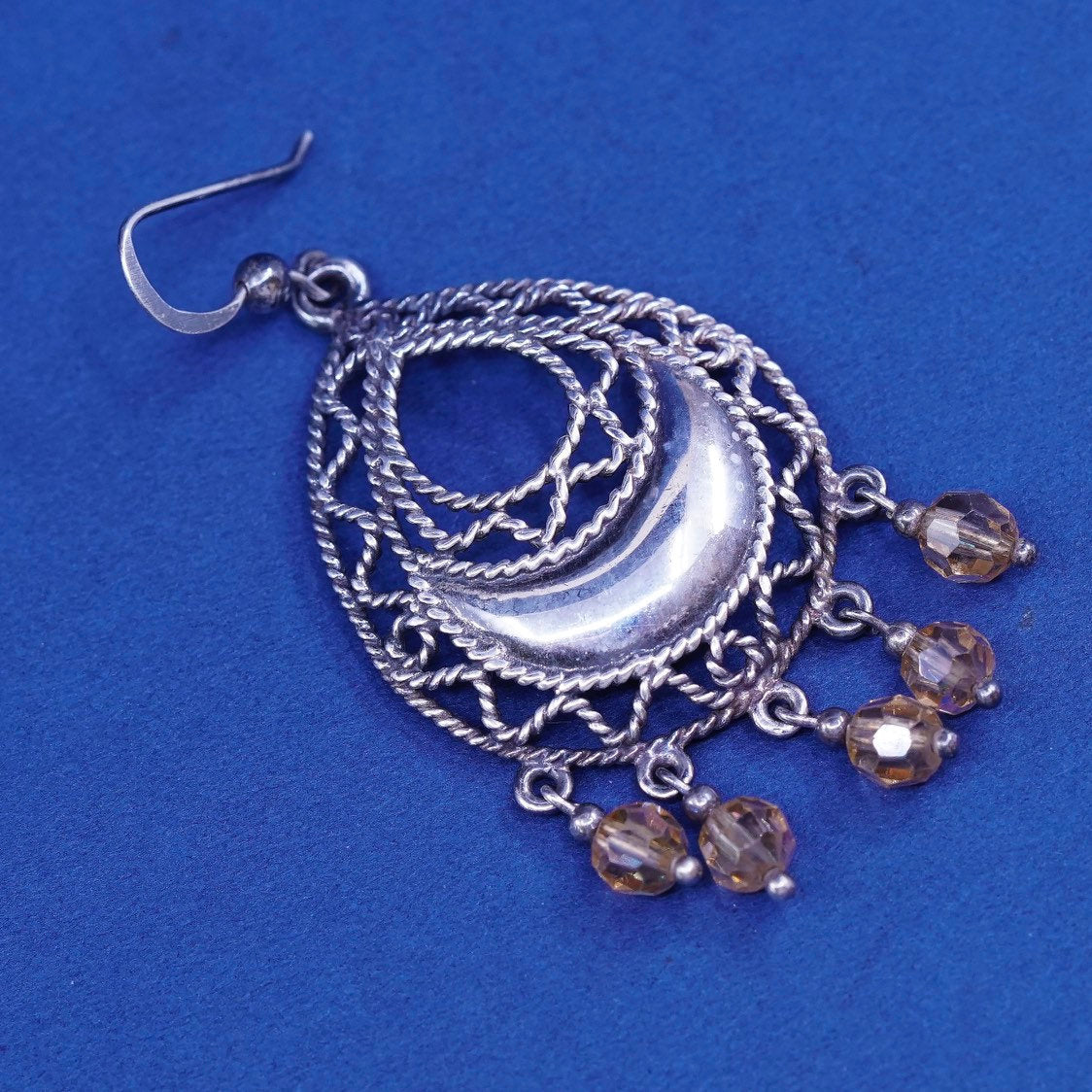 Sterling silver handmade earrings, 925 filigree teardrop drops fringe crystal