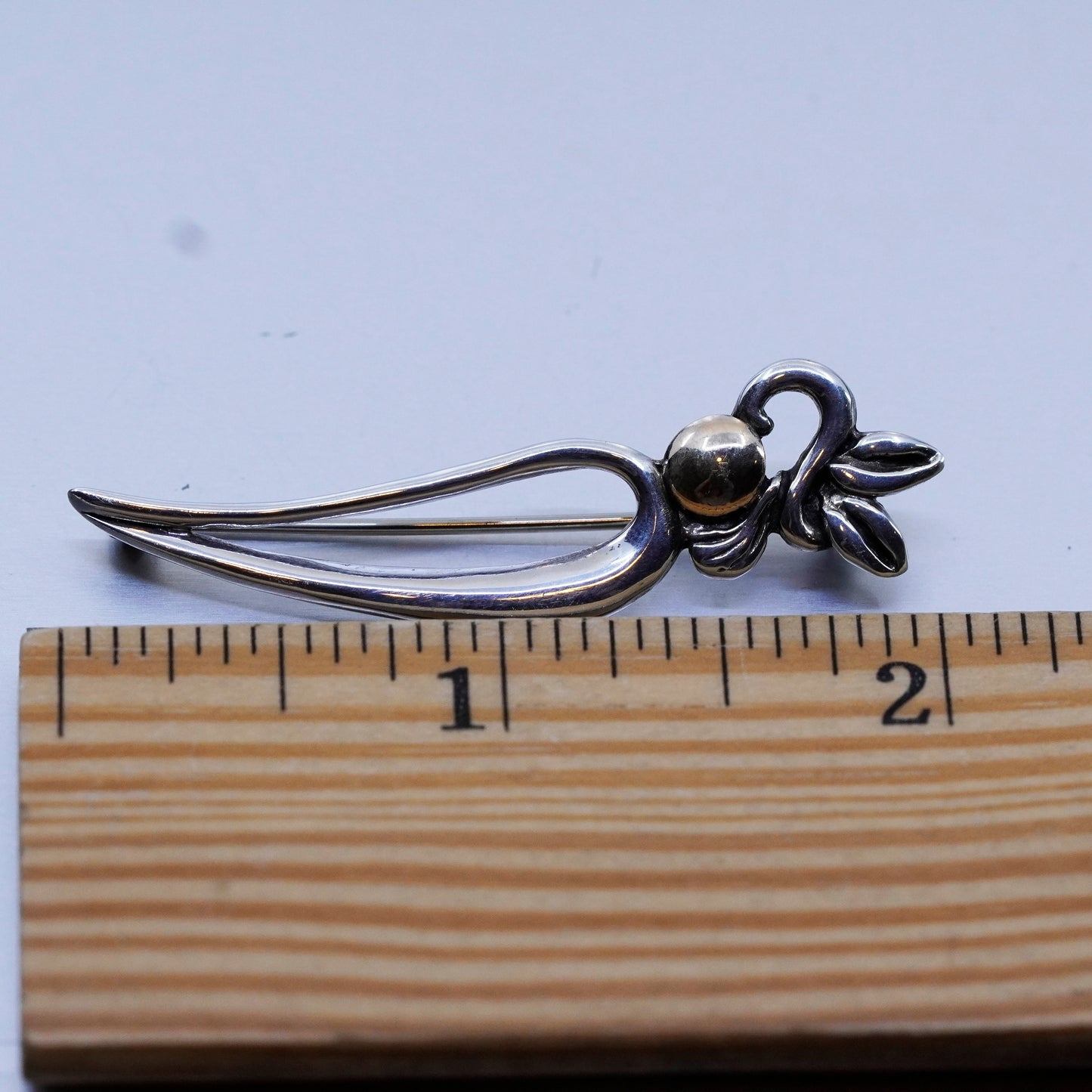 Vintage designer sterling silver handmade brooch, 925 pin with 10K gold bead