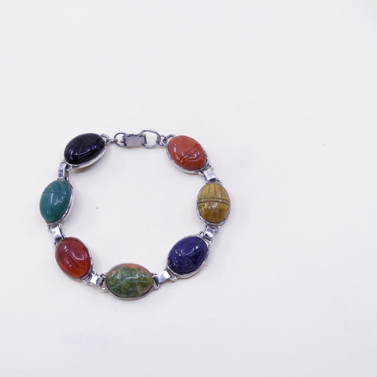 7”, GM sterling 925 silver bracelet, golden tiger eye jasper jade lapis onyx