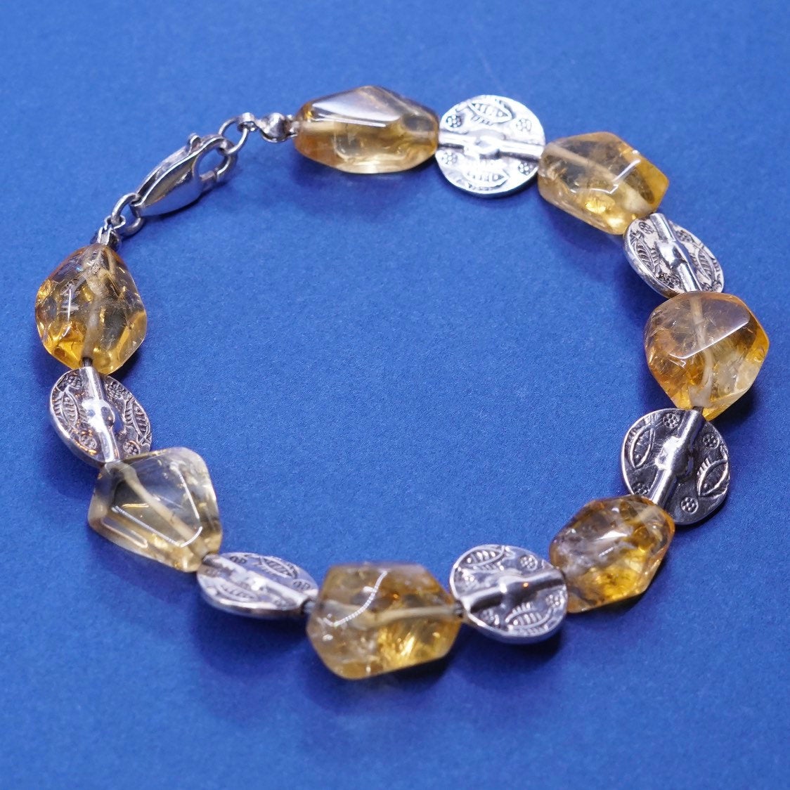 7.5", vtg Sterling silver handmade bracelet, 925 w/ citrine, stamped 925